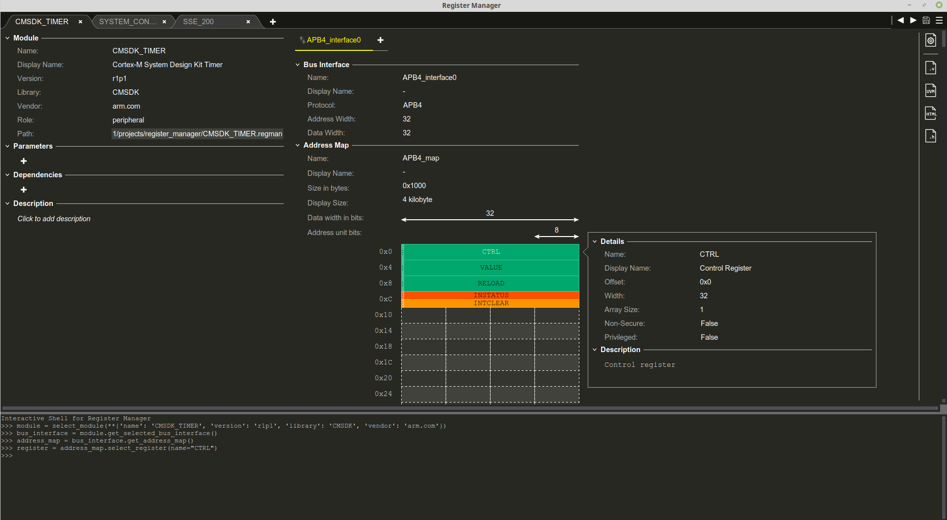 Peripheral IP view of the Register Manager EDA tool